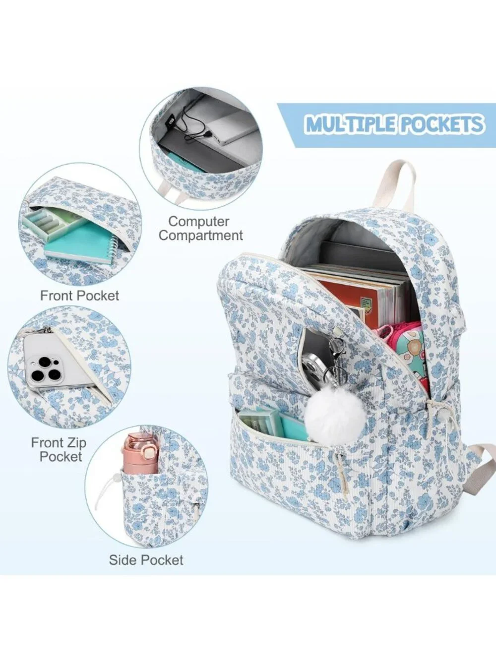 3PCS Girls Corduroy Backpack Set with Lunch Box & Pencil Bag - Blue Floral